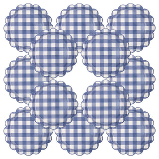 A seamless pattern of overlapping patriotic blue and white gingham checkered circles on a white background featuring Blue Gingham Paper Plates from My Mind's Eye.