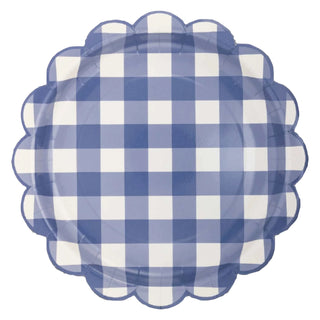 A round, scalloped-edge BLUE GINGHAM PAPER PLATE from My Mind's Eye, photographed on a transparent background.