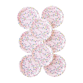 Eight pink Bright Christmas Lights Paper Plates by My Mind’s Eye featuring a colorful string light pattern arranged in a rectangular grid.