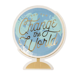 A globe-shaped plate illustration with the words "YOU CAN Change the World" written in gold cursive font on a blue-green map background, perfect for inspiring students at a back to school party. The Back To School Globe Paper Plate by My Mind’s Eye is ideal for this event.