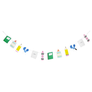 The Merrilulu Back To School Garland is a vibrant string of classroom decorations that includes school supplies like notebooks, pencils, and balloons, all arranged in a garland formation that's perfect for the back-to-school season.