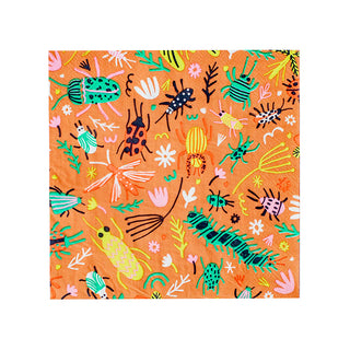 The Backyard Bugs Bunches of Bugs Large Napkins by Daydream Society features a colorful illustration of various neon bugs and vibrant plants set against an orange background, perfectly capturing the essence of backyard fun.