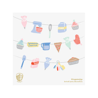 Add holiday cheer to your cookie decorating party with the "Baking Spirits Bright Baking Banner" by Daydream Society, featuring kitchen-themed illustrations on a string, such as a mixer, flour, butter, sugar, measuring cup, cupcake, mitten, and other baking tools.