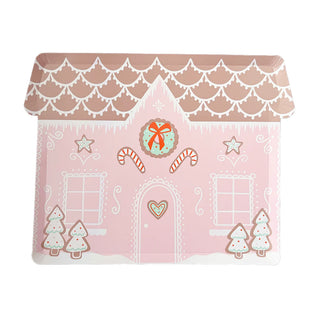 The Baking Spirits Bright Pink Gingerbread House Large Plates by Daydream Society, featuring candy cane decorations, a wreath, and snowflake designs on the roof, bring holiday cheer to any cookie decorating party.