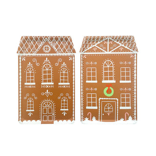 Two Baking Spirits Bright Tall House Large Plates by Daydream Society, adorned with white icing details, windows, and doors. One features a wreath above the door, adding a touch of holiday cheer perfect for any cookie decorating party.