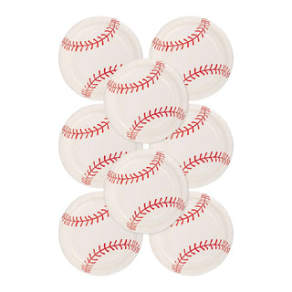 Eight My Mind’s Eye Baseball Paper Plates, featuring a white background and red stitching pattern, arranged in a grid. Perfect for any baseball-themed celebration, these party essentials bring fun to your event.