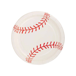 A white paper plate with red stitches resembling a baseball design, perfect for a baseball-themed celebration. These My Mind’s Eye Baseball Paper Plates are the ideal party essentials for any sports lover's gathering.