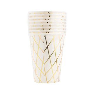 Stack of seven white paper cups with a gold diamond pattern, perfect for a child's party or as Basketball Paper Party Cups from My Mind’s Eye.