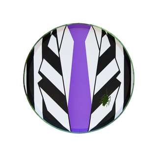 Perfect for any Beetlejuice Halloween party, the Beetlejuice X Bonjour Fête Small Plates by Bonjour Fête feature a circular emblem with a stylized black-and-white suit, a purple tie, and a small green spider on the right side.