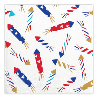 Fourth of July Beverage Napkins by Slant, featuring a patterned design with red, white, and blue fireworks and rockets on a white background, are perfect for summer gatherings, showcasing American pride.