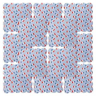 This image shows a repeating pattern of My Mind's Eye Blue Popsicles paper plates adorned with red, white, and blue pill-like shapes, creating a seamless mosaic with a potential medical or pharmaceutical theme.