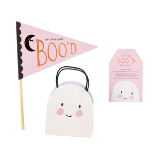 The Halloween Boo'd Kit by My Mind’s Eye includes a small ghost-shaped bag, a pennant with "we have been BOO'd" text, and a matching card to spread spooky joy.