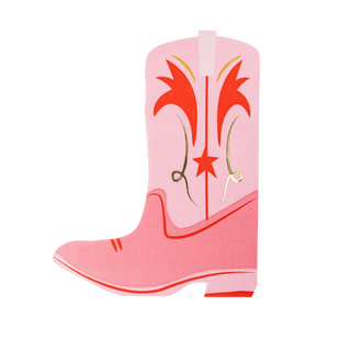Illustration of a pink cowgirl boot-shaped paper dinner napkin with a decorative star and stripe design on a black background by My Mind's Eye.
