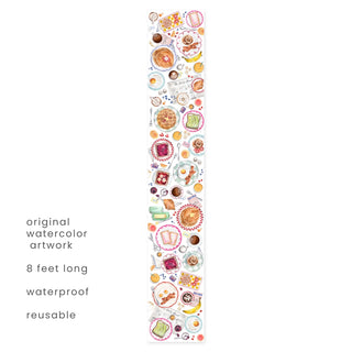 A vertical strip of various watercolor-painted food items and kitchen utensils. Text reads: "Breakfast At the Diner Brunch Table Runner by Cami Monet, original watercolor artwork, 8 feet long, waterproof, reusable.