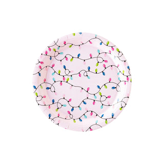 The My Mind’s Eye Bright Christmas Lights Paper Plate is a vibrant pink plate adorned with a colorful pattern of blue, green, pink, and yellow Christmas string lights, perfect for holiday decor.