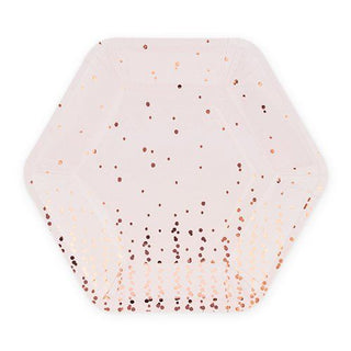 Bubbles Dinner Plate by Cakewalk, a hexagonal white paper plate with scattered rose gold foil accents, perfect for an elegant dining experience.