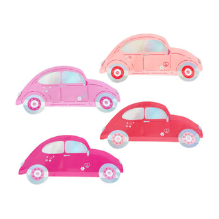 Five illustrated retro cars in different hues of pink and red, decorated with peace symbols and small flowers, shine with holographic silver foil details. One car features a "Buggy of Love Small Plates" design from Daydream Society, adding a charming touch perfect for Valentine's Day.