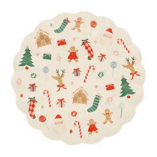 The Meri Meri Melamine Jolly Christmas Reusable Large Plate, adorned with gingerbread men, Santa, reindeer, stockings, presents, candy canes, and trees, is perfect for your festive tableware needs.