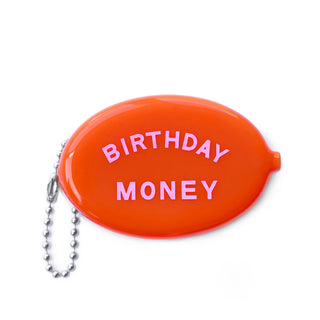 A vintage-inspired Coin Pouch — Birthday Money by Three Potato Four, featuring an orange oval rubber design with a metal chain and the words "BIRTHDAY MONEY" in white letters.