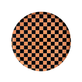 A Check It! Halloween dessert plate with orange and black checkered design by Jollity & Co.