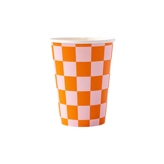 Introducing the Halloween Checkered Party Cup by My Mind’s Eye, a disposable paper cup adorned with an orange and white checkerboard pattern - perfect for any party lover's gathering!