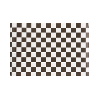 The Checkered Flag Table Runner by My Mind's Eye features a race car-themed black and white checkered pattern on a black background, perfect for adding a touch of excitement to your party decor.