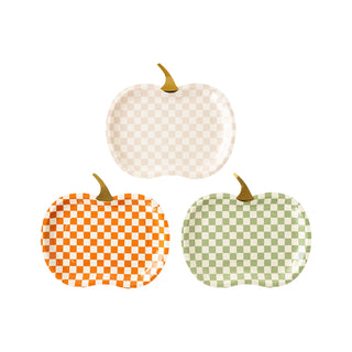 Three plates from the My Mind’s Eye Checkered Pumpkin Plate Set are arranged on a white background. Perfect for fall table decor, these plates feature checkered patterns in pale orange, green, and cream colors.