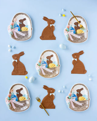 Chocolate bunny Easter plates on a blue background with My Mind’s Eye Chocolate Bunny Napkins.