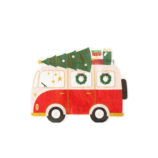 A red VW bus with a Christmas tree on top perfect for the holiday season.
