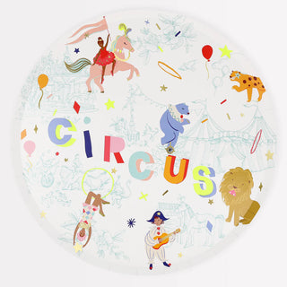 A round dinner plate with Meri Meri's Circus Dinner Plates theme.