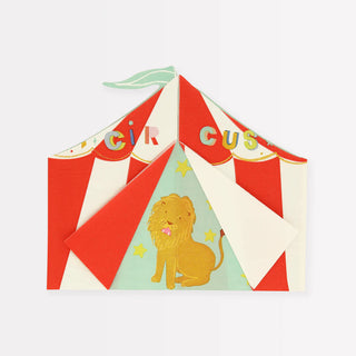 A Meri Meri circus tent featuring a lion, adorned with gold foil.