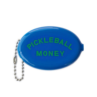 The Three Potato Four Coin Pouch - Pickleball Money is an adorable blue oval accessory crafted from vintage-inspired rubber, featuring "PICKLEBALL MONEY" printed in green letters and comes with a small metal chain attached.