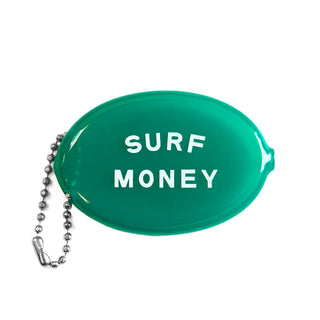 A Coin Pouch - Surf Money from Three Potato Four, featuring a vintage-inspired green oval shape with "SURF MONEY" written in white letters and an attached ball chain.