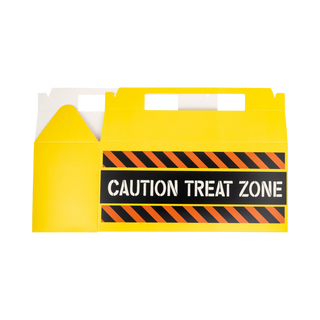 Bright yellow box with a black and orange striped design and the label "CAUTION TREAT ZONE" in bold white letters, perfect as a Construction Toolbox Treat Containers by My Mind’s Eye.