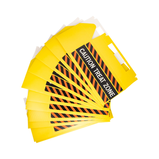 Yellow and black striped "Caution Treat Zone" signs arranged in a fan shape on a white background add a fun touch to your construction-themed party. These signs can also complement your My Mind’s Eye Construction Toolbox Treat Containers or serve as labels for party favor treat boxes.