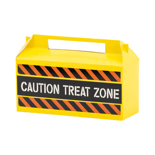 Yellow box with black and orange diagonal stripes, labeled "Caution Treat Zone" in white text, perfect for a construction-themed party, My Mind’s Eye Construction Toolbox Treat Containers.