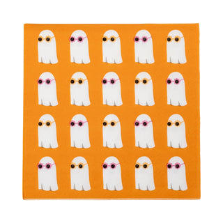 Introducing the Cool Ghosts Cocktail Napkin by My Mind’s Eye: a square orange cloth adorned with white ghost shapes wearing sunglasses, arranged in neat rows. Perfect for adding an element of spooky fun to your Halloween party!