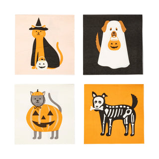 The Halloween Pet Costume Cocktail Napkin Set by My Mind’s Eye includes four playful designs: a witch cat, a ghost dog, a pumpkin cat, and a skeleton dog. These fun napkins are perfect for adding spooky flair to your Halloween festivities.