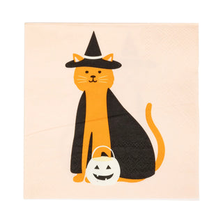 Depiction of an orange cat wearing a black witch hat and cape, holding a white jack-o'-lantern bucket, ideal for playful pet costume designs featured on the Halloween Pet Costume Cocktail Napkin Set by My Mind's Eye.