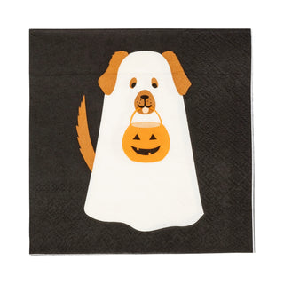 A whimsical drawing of a dog dressed as a ghost holding a pumpkin-shaped basket, beautifully printed on a black napkin—perfect for your playful pet costume designs at Halloween parties. Introducing the Halloween Pet Costume Cocktail Napkin Set by My Mind’s Eye.