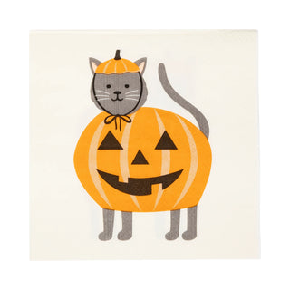 Illustration of a gray cat dressed in a playful My Mind’s Eye Halloween Pet Costume, complete with a pumpkin hat and body featuring a carved jack-o'-lantern face, perfectly adorned on the Halloween Pet Costume Cocktail Napkin Set for any spooky celebration.