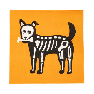 An illustration of a dog with visible bones and a bone in its mouth on an orange background, perfect for the Halloween Pet Costume Cocktail Napkin Set by My Mind’s Eye.