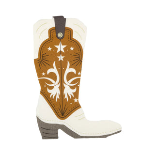 A white and brown Cowboy Boot Shaped Guest Napkin with decorative white stitching and star designs, perfect for Wild West themed parties. The napkin has a stacked heel design and a loop at the top for easy grab-and-go. This unique party accessory is brought to you by My Mind’s Eye.