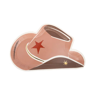 A Cowboy Tan Hat Shaped Plate by My Mind’s Eye, with a red star on the upper side and a white and brown design.