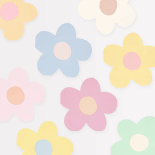 A collection of pastel-colored paper flowers with various hues such as pink, blue, yellow, and green, arranged in a scattered pattern on Meri Meri's 90s-inspired Daisy Shaped Napkins.