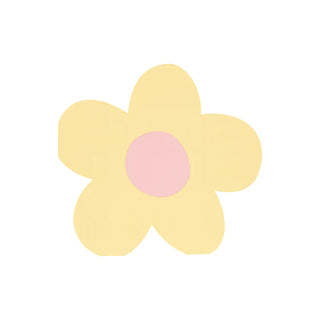 A simplistic illustration of a yellow daisy with a pastel pink center against a white background, designed in a flat, two-dimensional graphic style on Meri Meri Daisy Shaped Napkins.