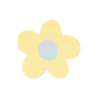 A simple illustration of a yellow flower with six rounded petals and a light blue circle at the center, set against a plain, pale background in a pastel color theme, featuring Meri Meri Daisy Shaped Napkins.