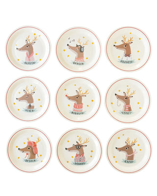 A set of Dear Rudolph Reindeer Paper Plates from My Mind's Eye, perfect for a holiday gathering.