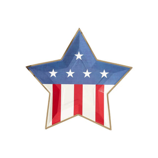 A patriotic Denim and Stripes Star Shaped Paper Plate on a white background symbolizes celebration and pride for the American Flag by My Mind's Eye.