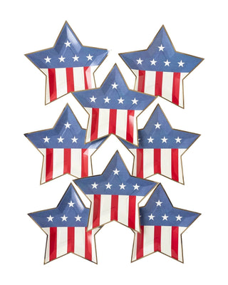A set of Denim and Stripes star shaped paper plates on a white background, perfect for celebrating with an American Flag theme by My Mind's Eye.